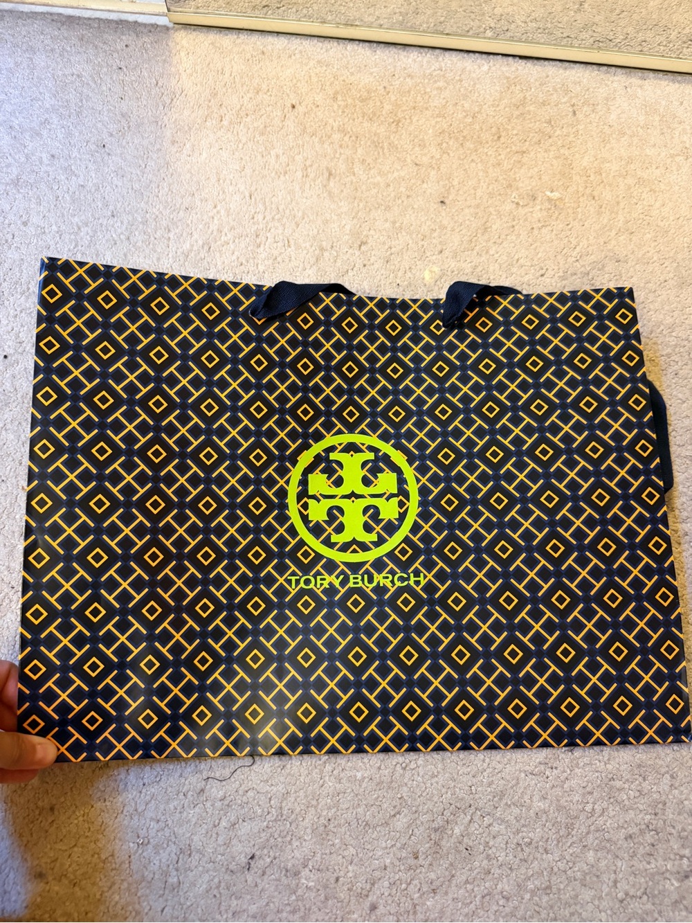 Tory Burch shopping bag Black Tote with Yellow Geometric Print and Neon Logo